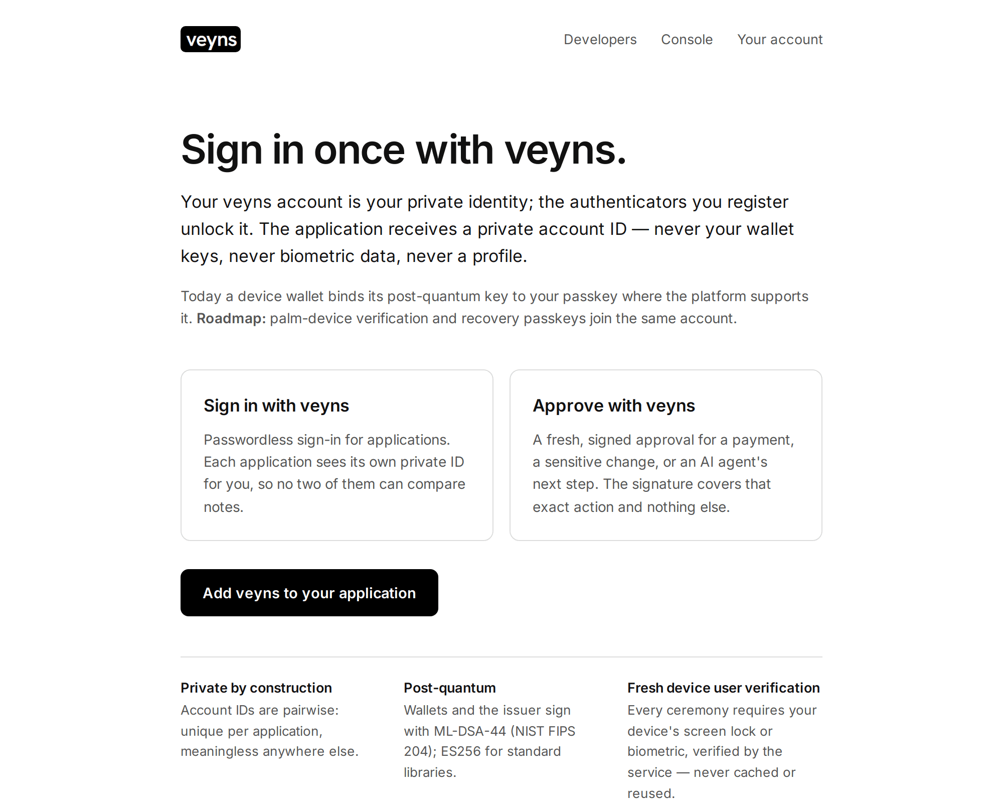 Veyns developer sandbox showing private sign-in and signed action approval